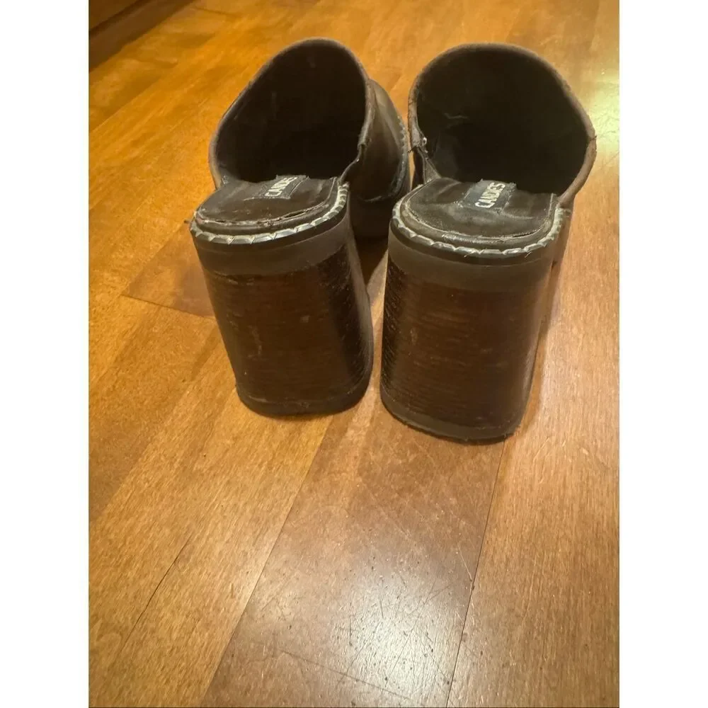 Y2K Candie’s Leather Mule Clogs Womens Size 9 Brown Floral Embroidered Chunky He